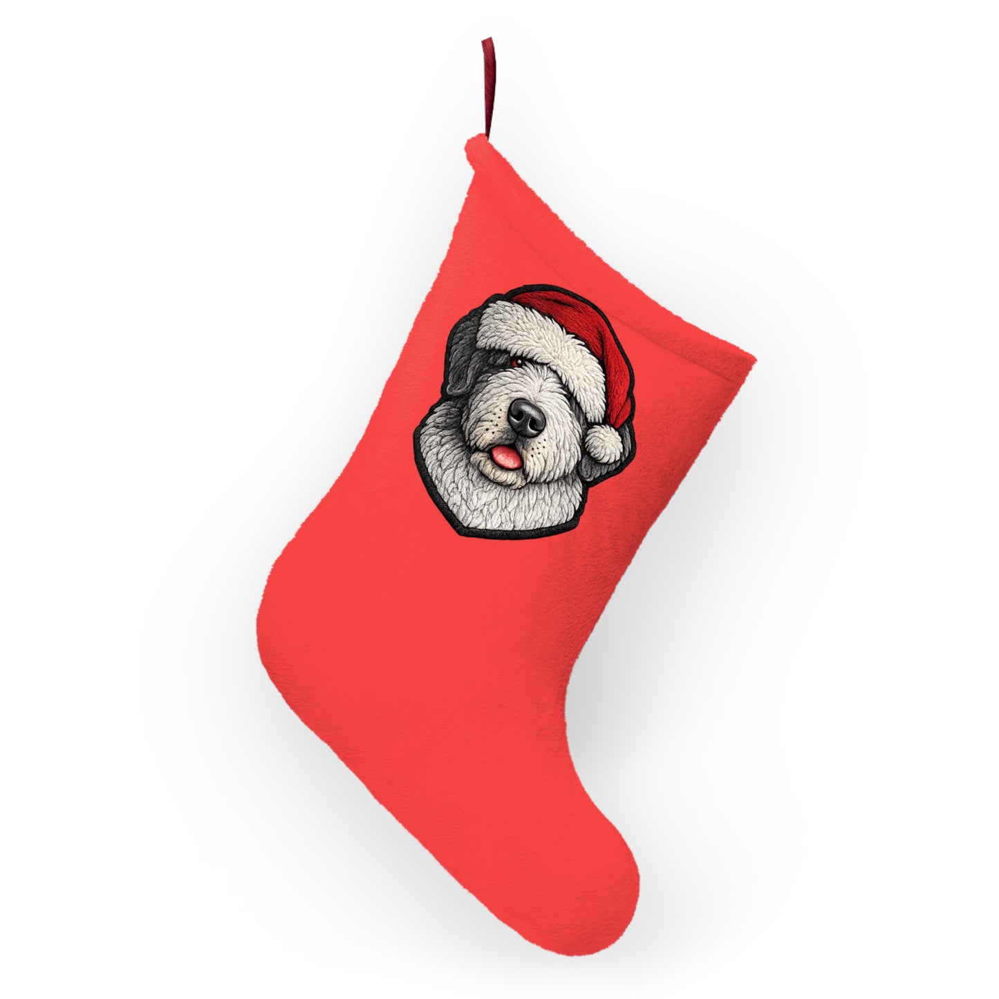 Sheep Dog Face Christmas Stocking – Red Holiday Stocking with Cute Sheepdog Portrait