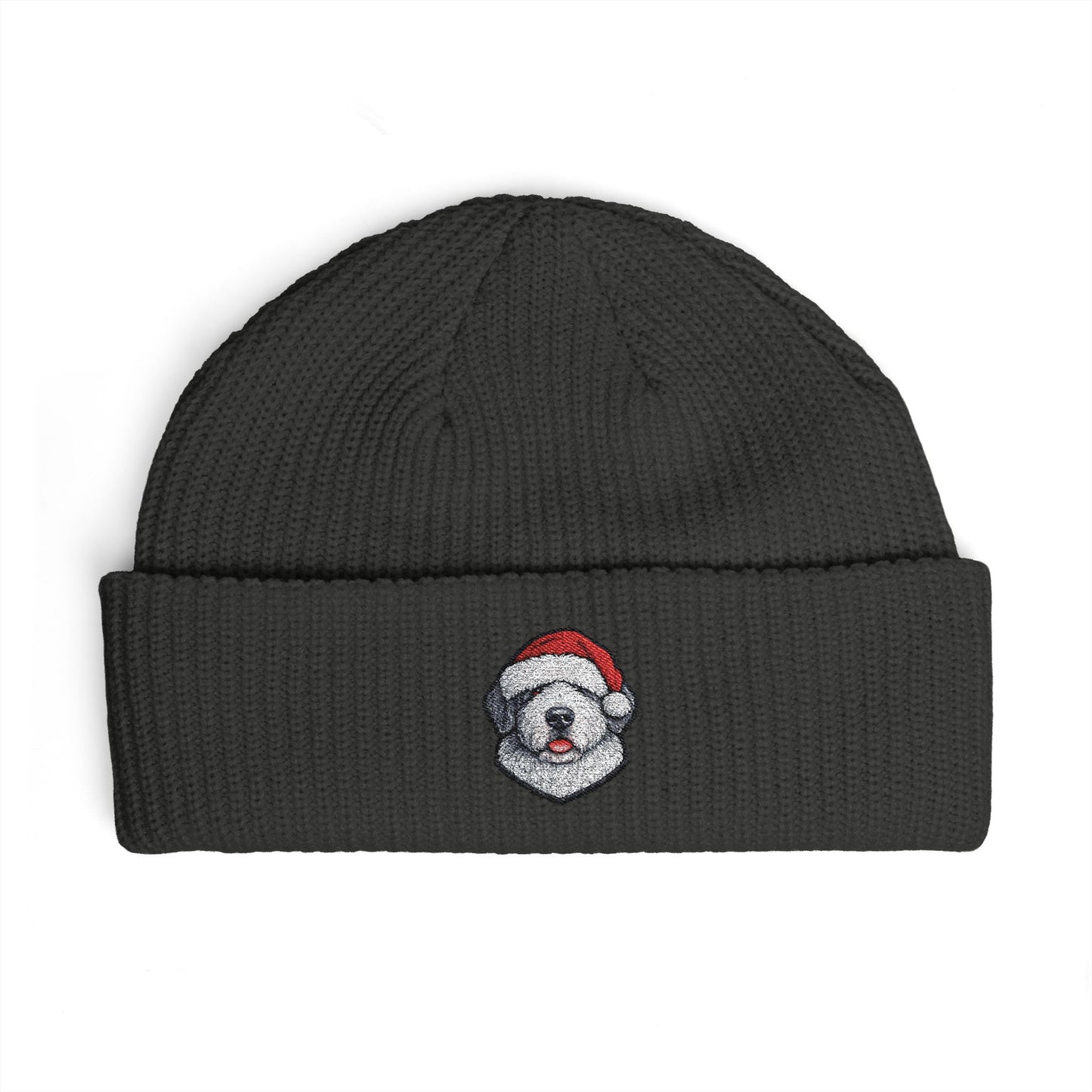 Cuffed Beanie — Embroidered Old English Sheep Dog in Santa Hat Winter Hat