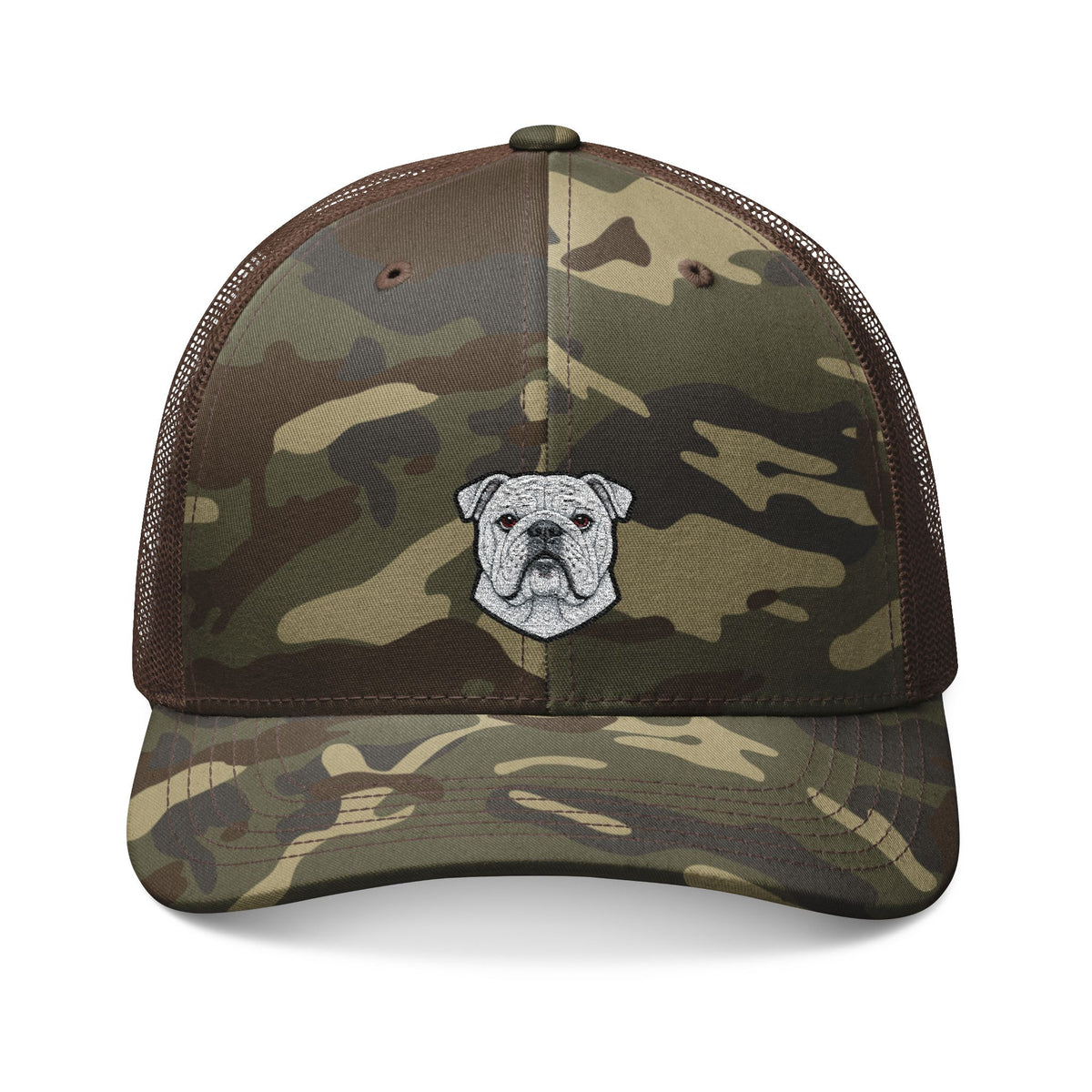 English Bulldog Face Embroidered Camouflage Trucker Hat
