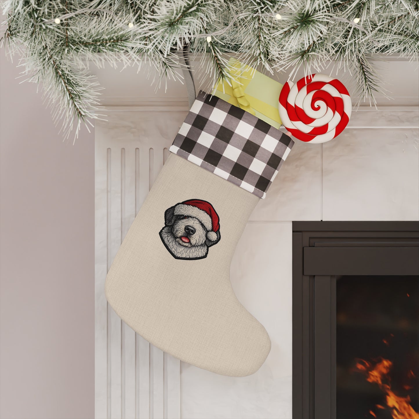 Buffalo Plaid Dog Portrait Christmas Stocking- Old English Sheepdog