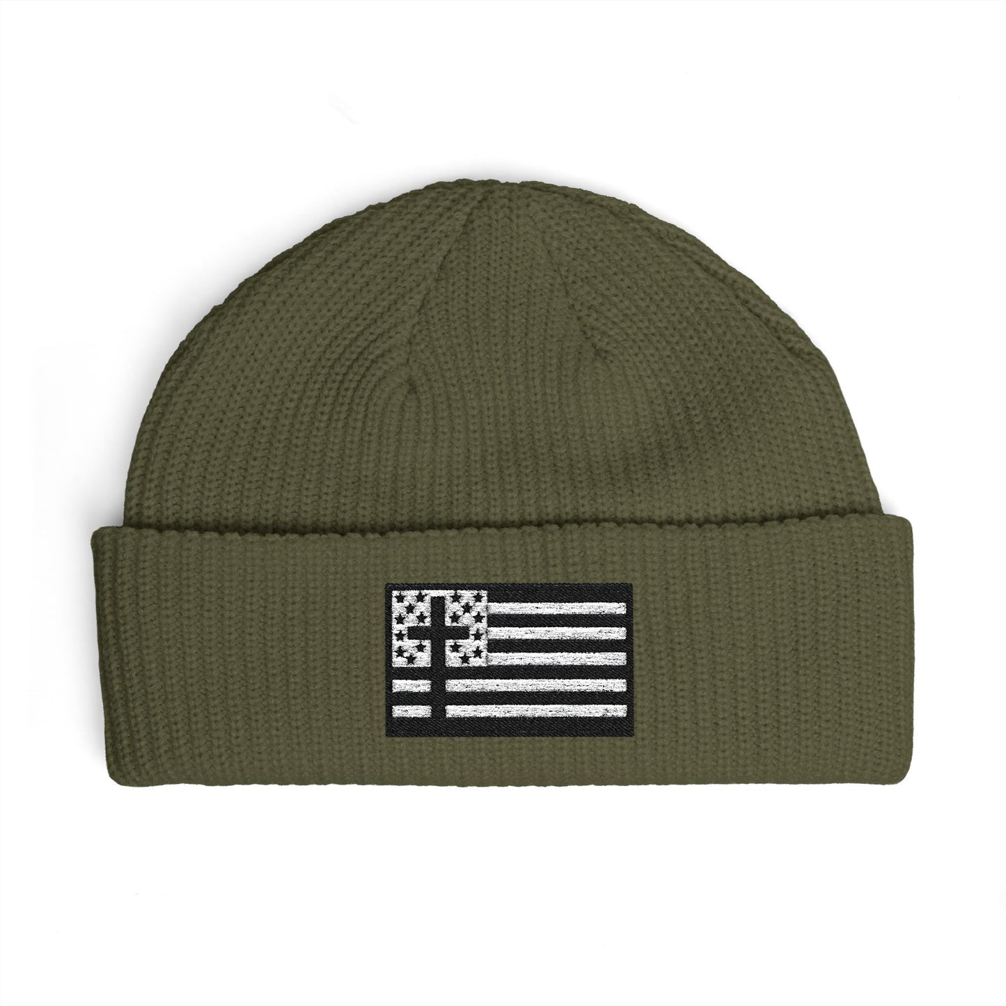 Cuffed Beanie with Black & White American Flag with Cross Patch — Patriotic Winter Knit Hat