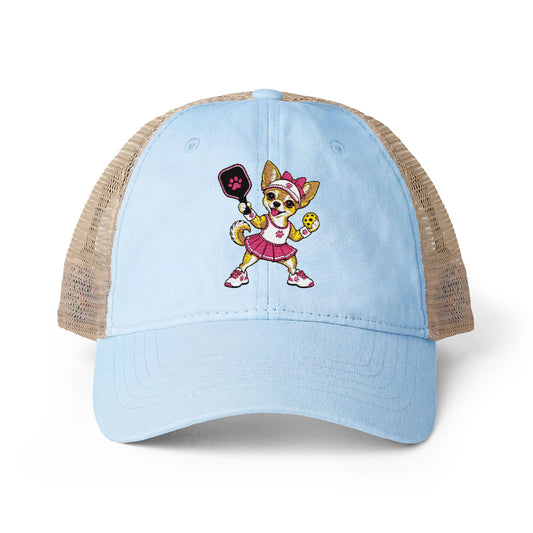 Pickleball Chihuahua Embroidered Women's Washed Mesh-Back Cap