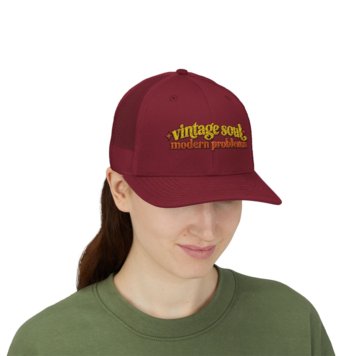 Vintage Soul modern problems Trucker Cap | Retro Script Embroidery