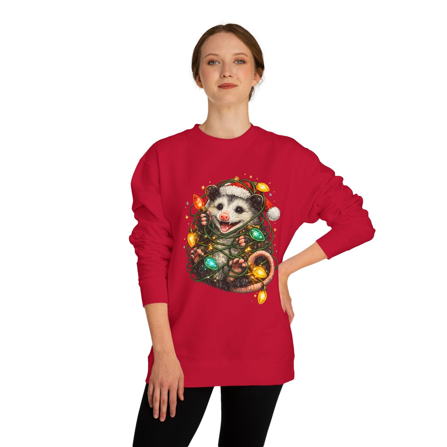 Christmas Opossum Sweatshirt — Cute Opossum Wrapped in Holiday Lights