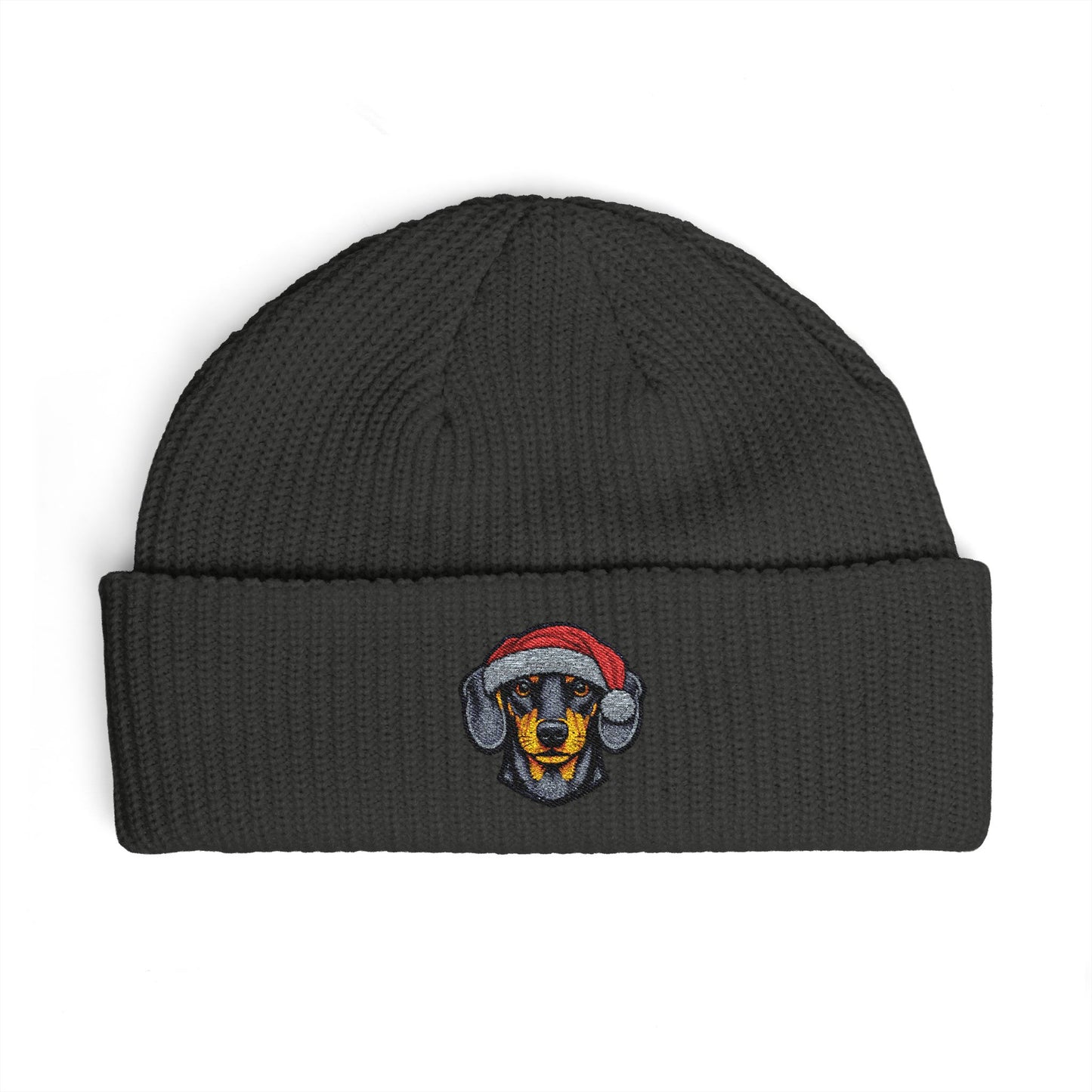 Cuffed Beanie — Embroidered Dachshund Dog in Santa Hat Winter cap