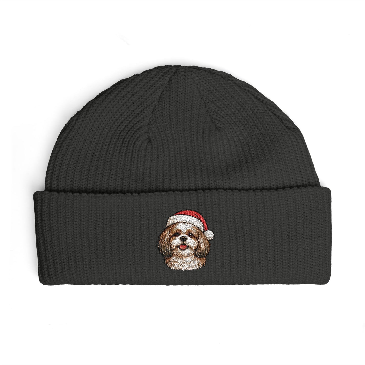 Cuffed Beanie — Embroidered ShihTzu Dog in Santa Hat Winter cap