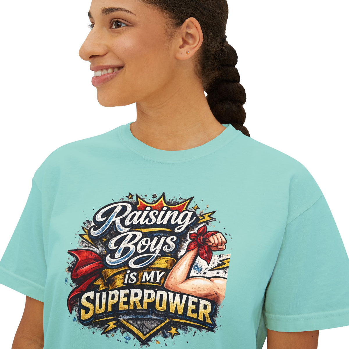 Raising Boys Is My Superpower Tee | Mom Superhero Graphic Shirt