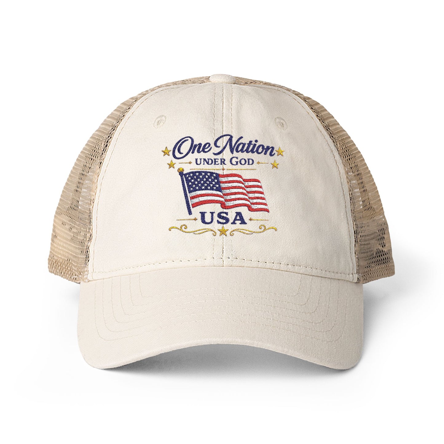 Women's Washed Mesh-Back Cap Embroidered "One Nation Under God" USA Flag - cool prints under bill of cap