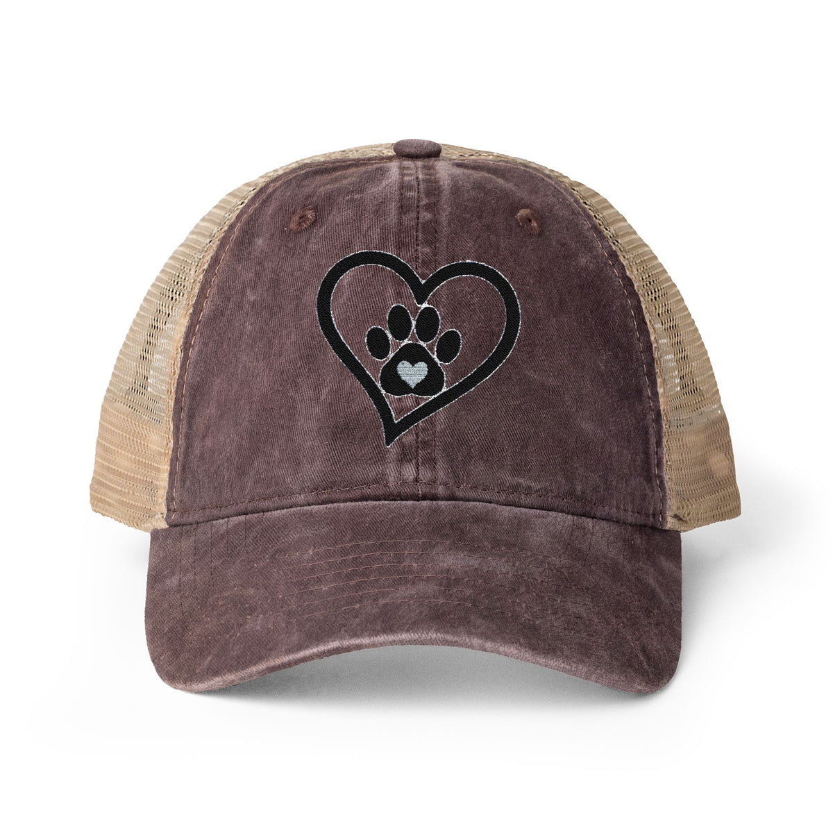 Heart Paw Print Embroidered Women's Washed Mesh-Back Cap