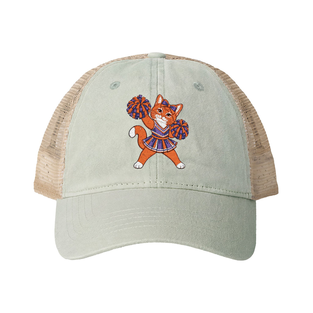 Orange Cheer Cat Embroidered Women's Washed Mesh-Back Cap