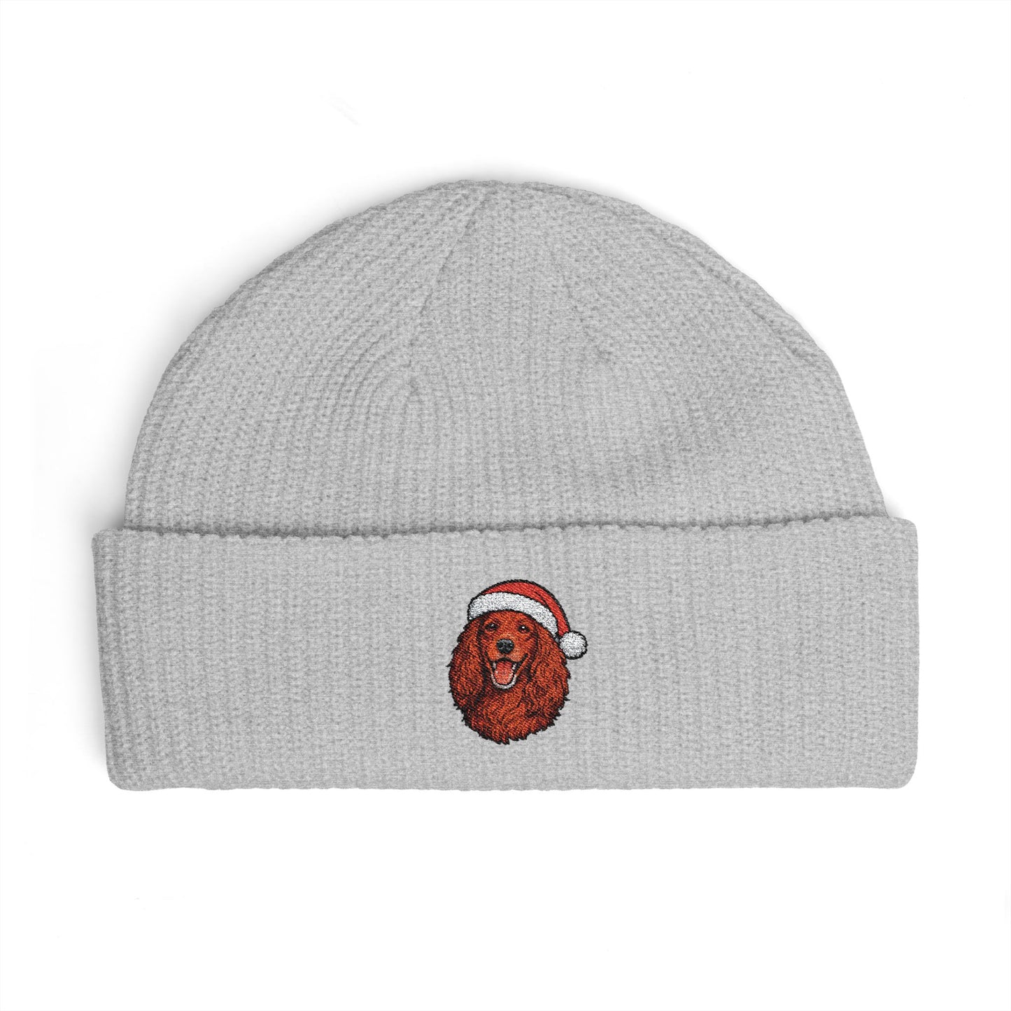 Cuffed Beanie — Embroidered Irish Setter Dog in Santa Hat Winter Hat