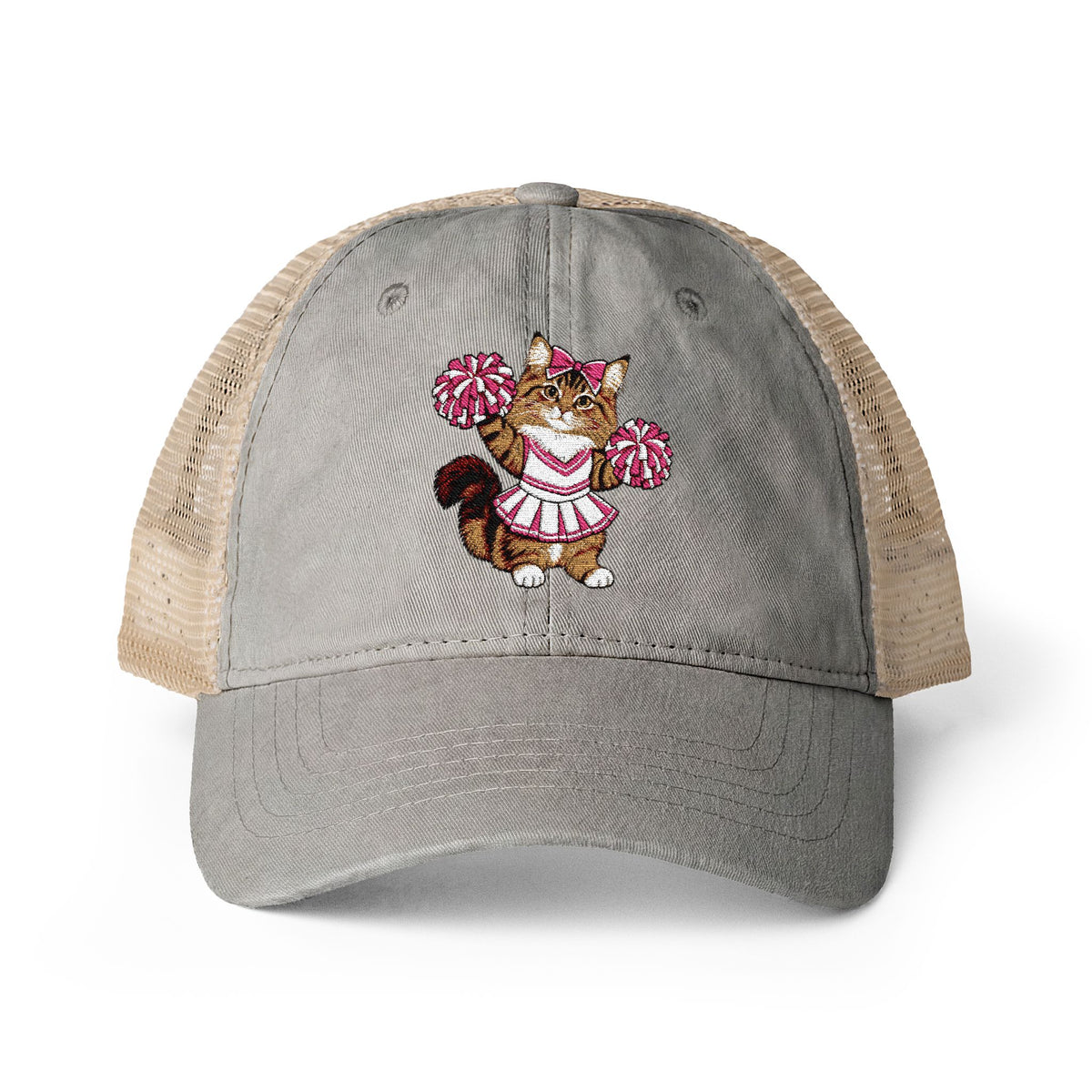 Cheerleader Cat Embroidered Women's Washed Mesh-Back Cap