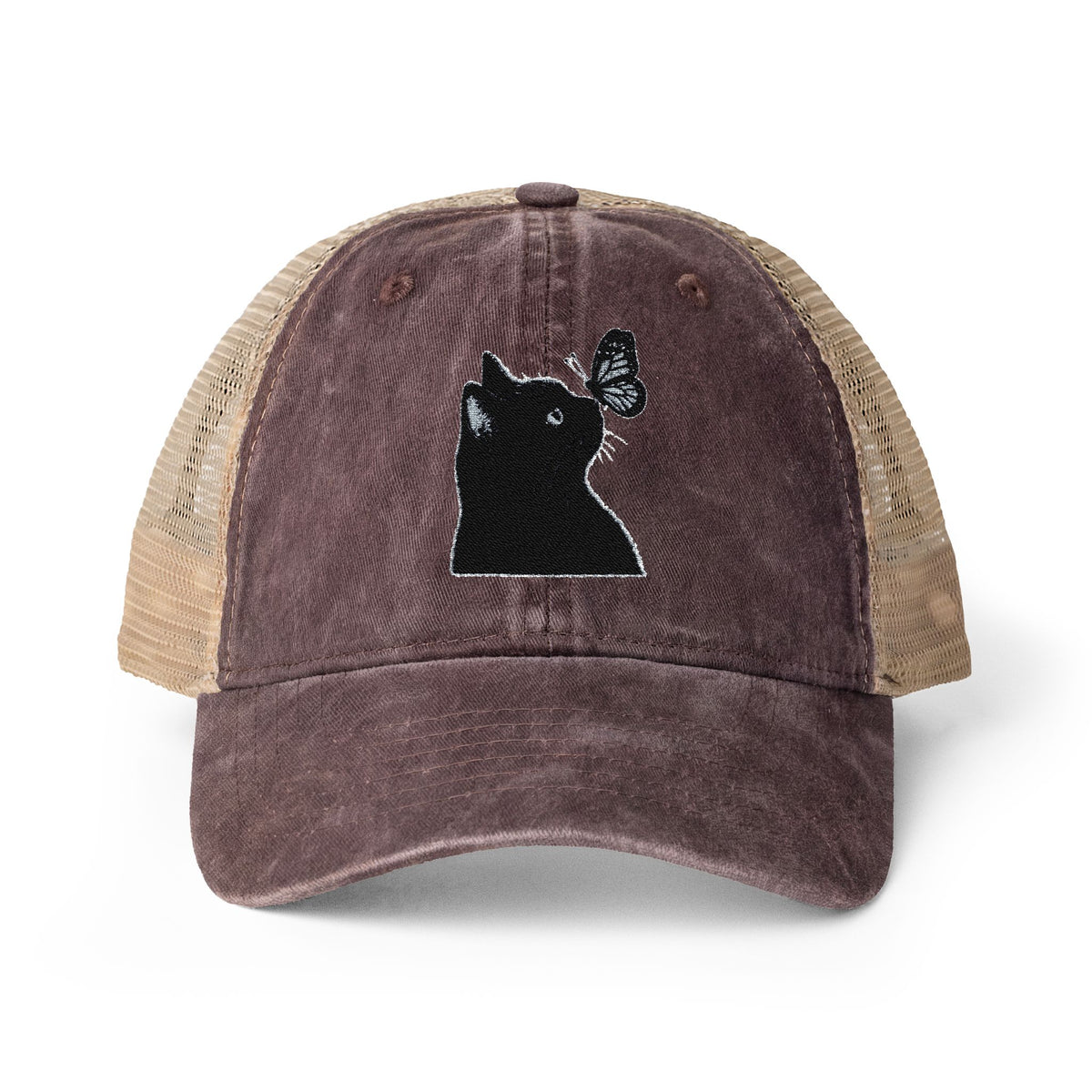 Black Cat embroidered Women's Washed Mesh-Back Cap