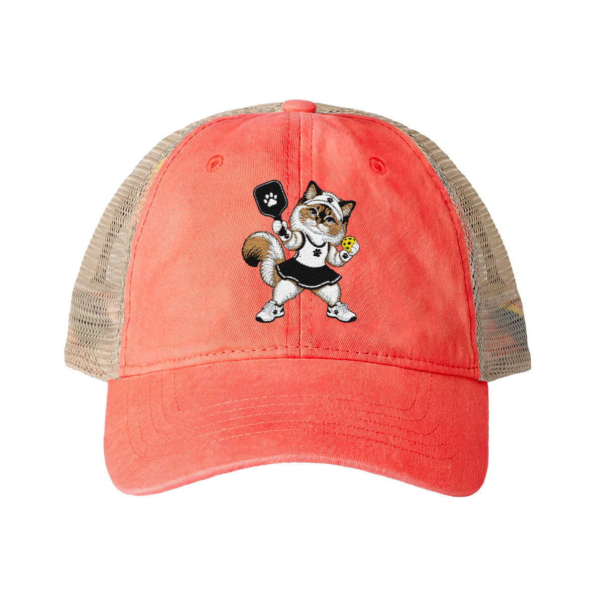 Pickleball Cat Embroidered Women's Washed Mesh-Back Cap