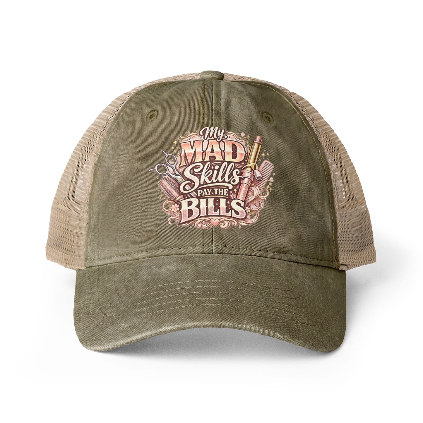 Mesh-Back Cap with surprise print under visor/ My Mad Skills Pay the Bills hairstylist