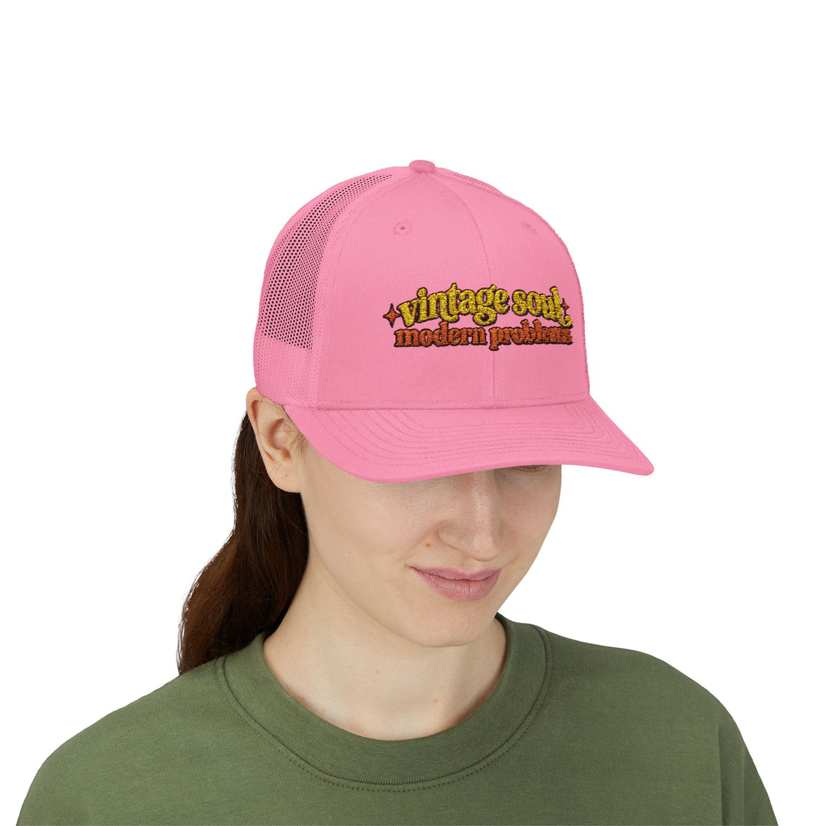 Vintage Soul modern problems Trucker Cap | Retro Script Embroidery