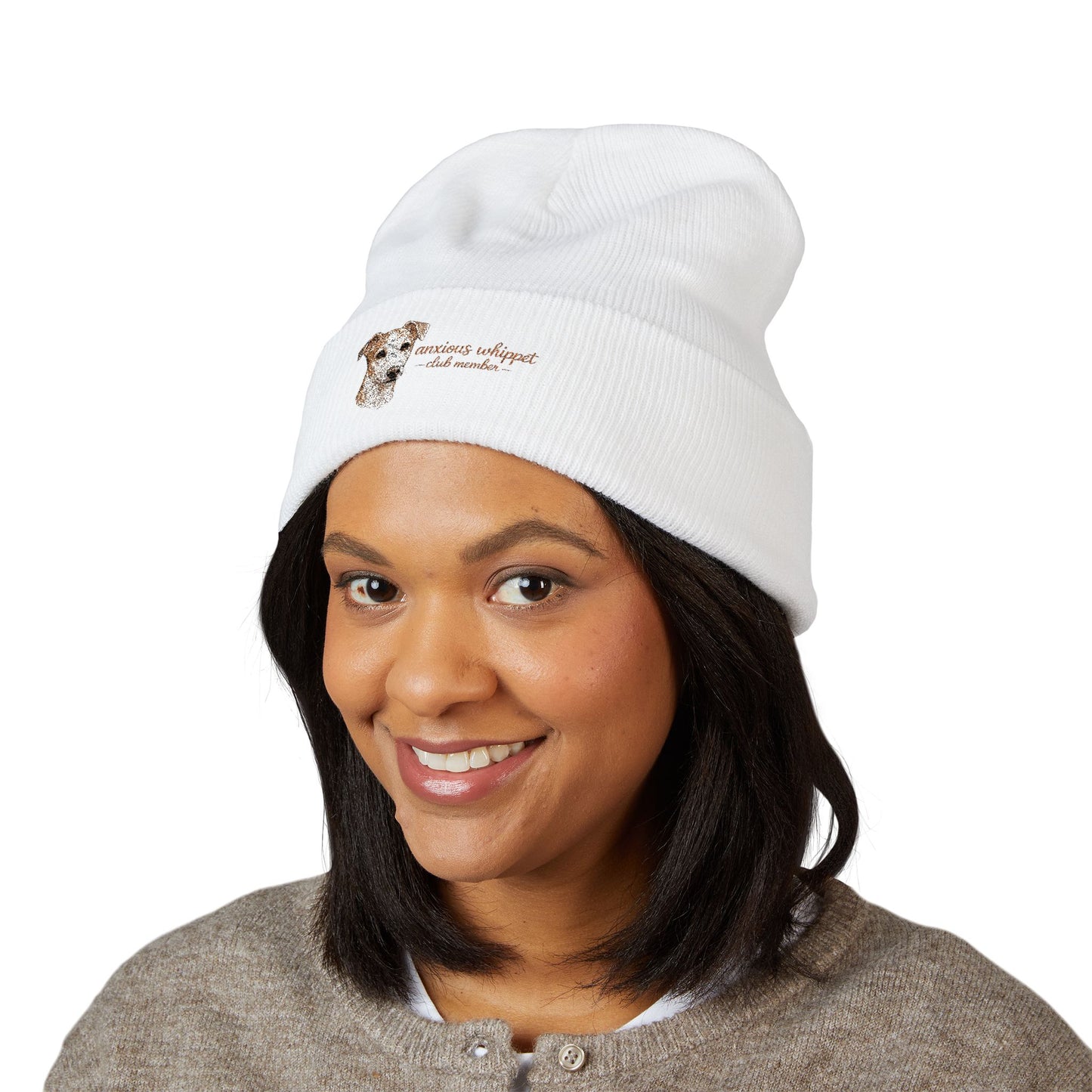 Anxious Whippet Embroidered Beanie | Cuffed Knit Hat