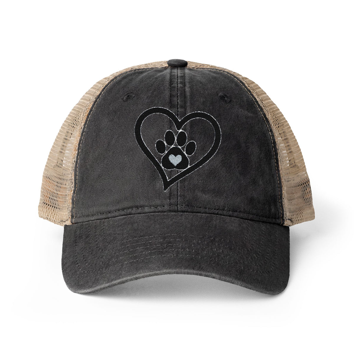 Heart Paw Print Embroidered Women's Washed Mesh-Back Cap