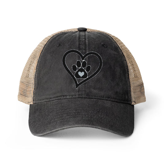 Heart Paw Print Embroidered Women's Washed Mesh-Back Cap