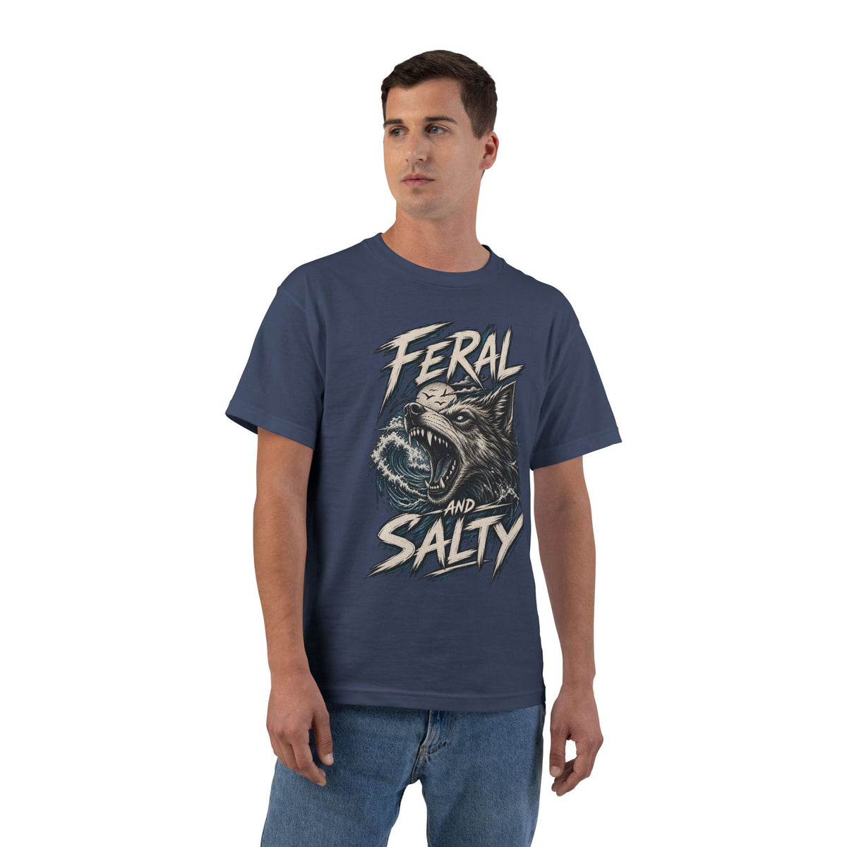 Feral and Salty Wolf Ocean T-Shirt — Graphic Animal Tee for Outdoor & Casual Wear