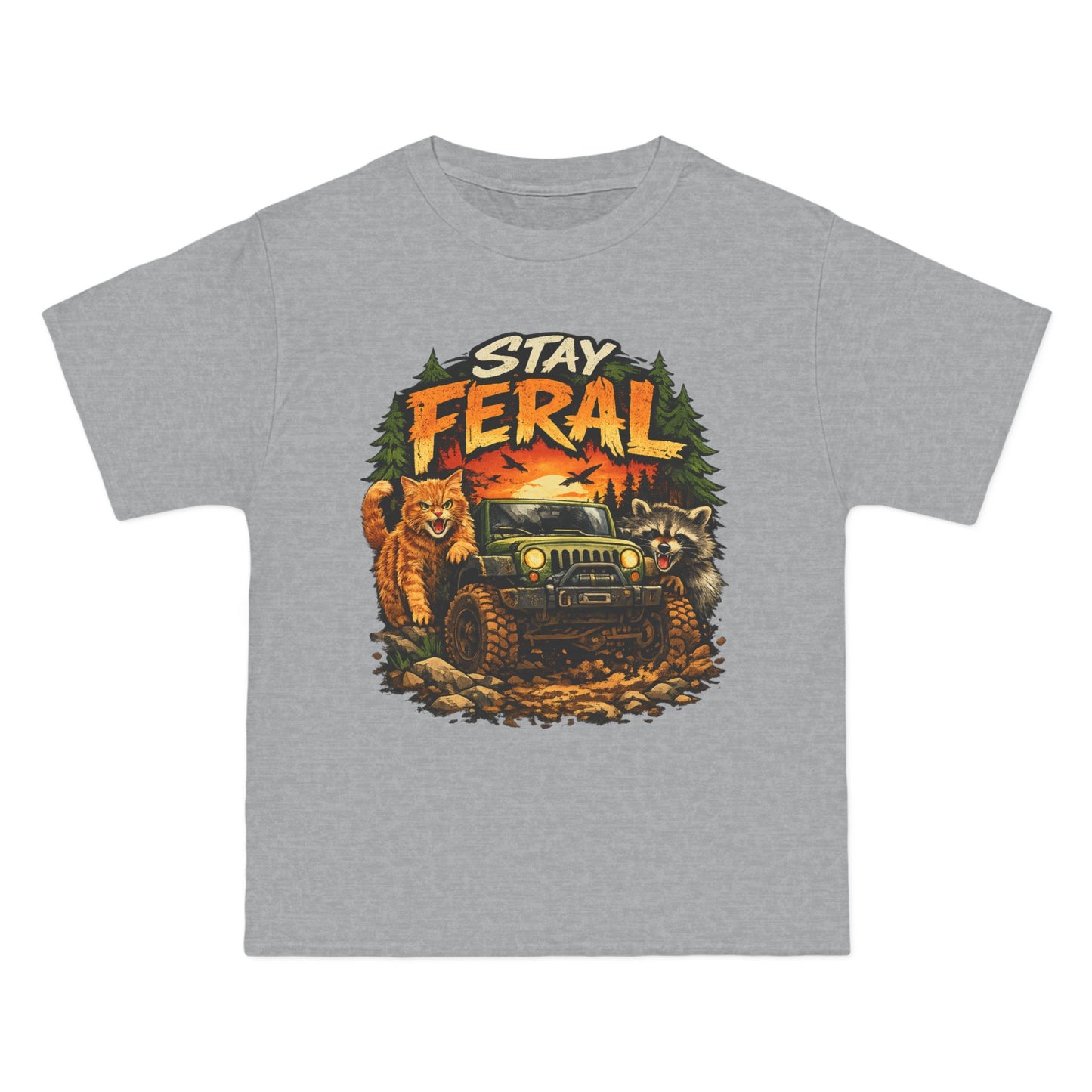 Stay Feral cat, raccoon and 4x4 T-Shirt | Outdoor Adventure Graphic Tee, humorous wildlife off-road tee