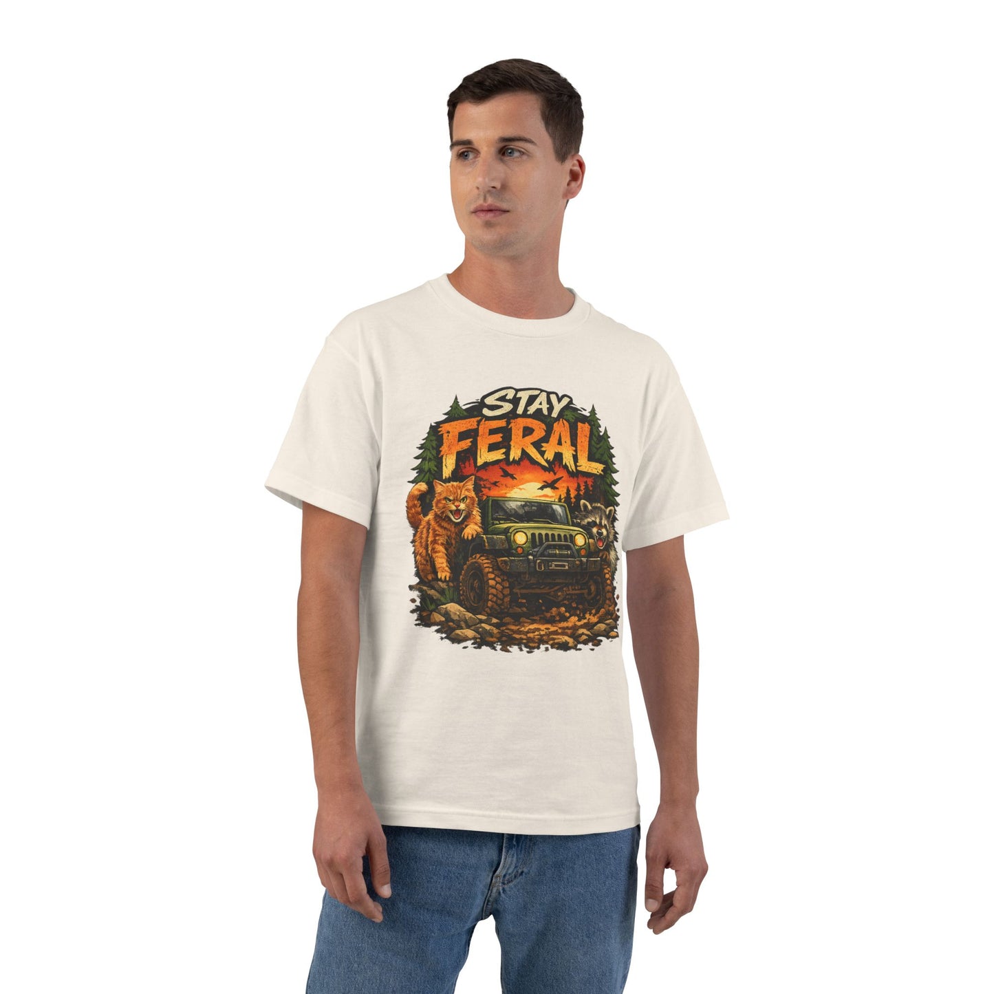Stay Feral cat, raccoon and 4x4 T-Shirt | Outdoor Adventure Graphic Tee, humorous wildlife off-road tee
