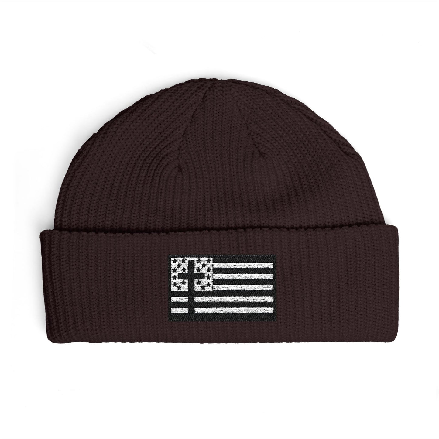 Cuffed Beanie with Black & White American Flag with Cross Patch — Patriotic Winter Knit Hat