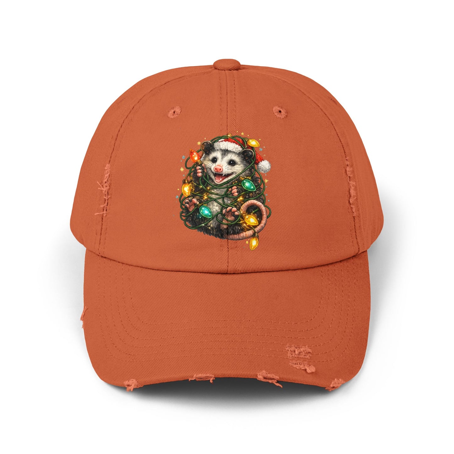 Christmas Opossum Distressed Cap — Cute Opossum Wrapped in Holiday Lights