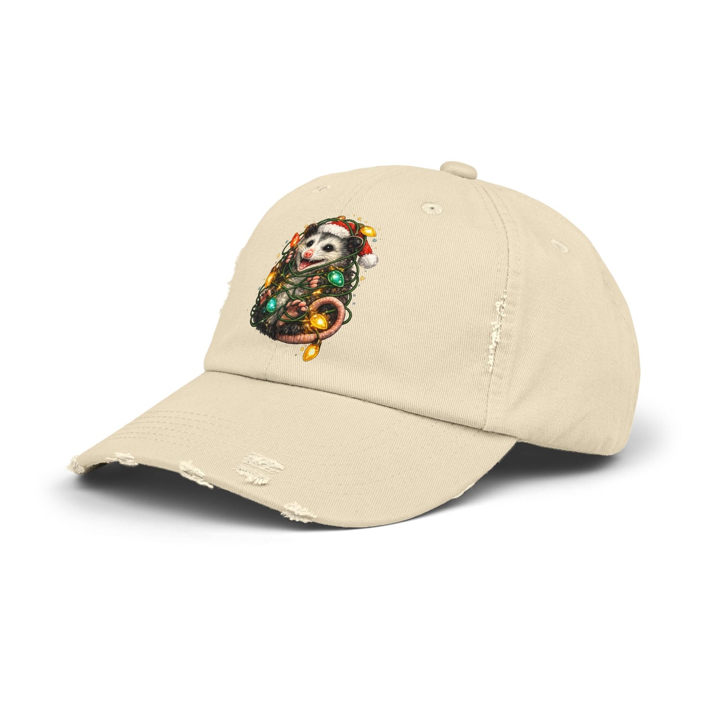 Christmas Opossum Distressed Cap — Cute Opossum Wrapped in Holiday Lights