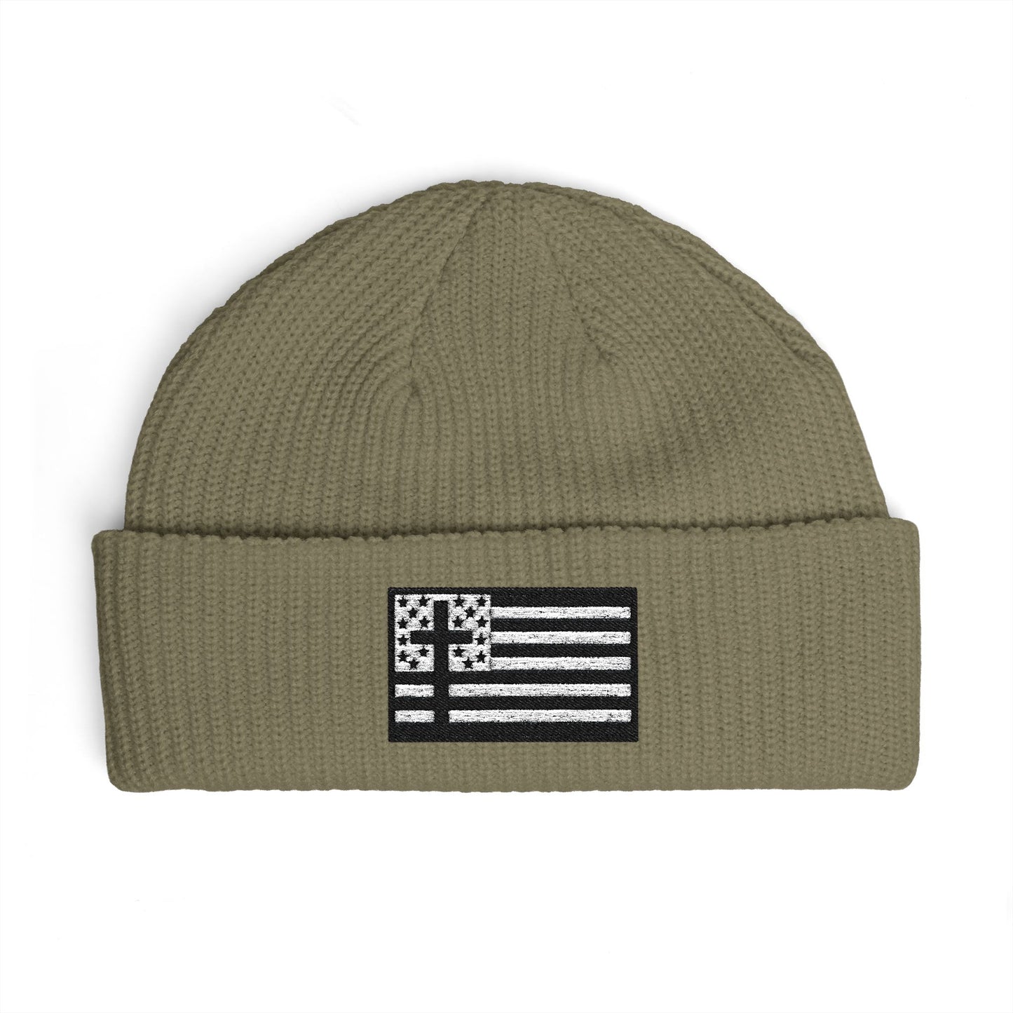 Cuffed Beanie with Black & White American Flag with Cross Patch — Patriotic Winter Knit Hat