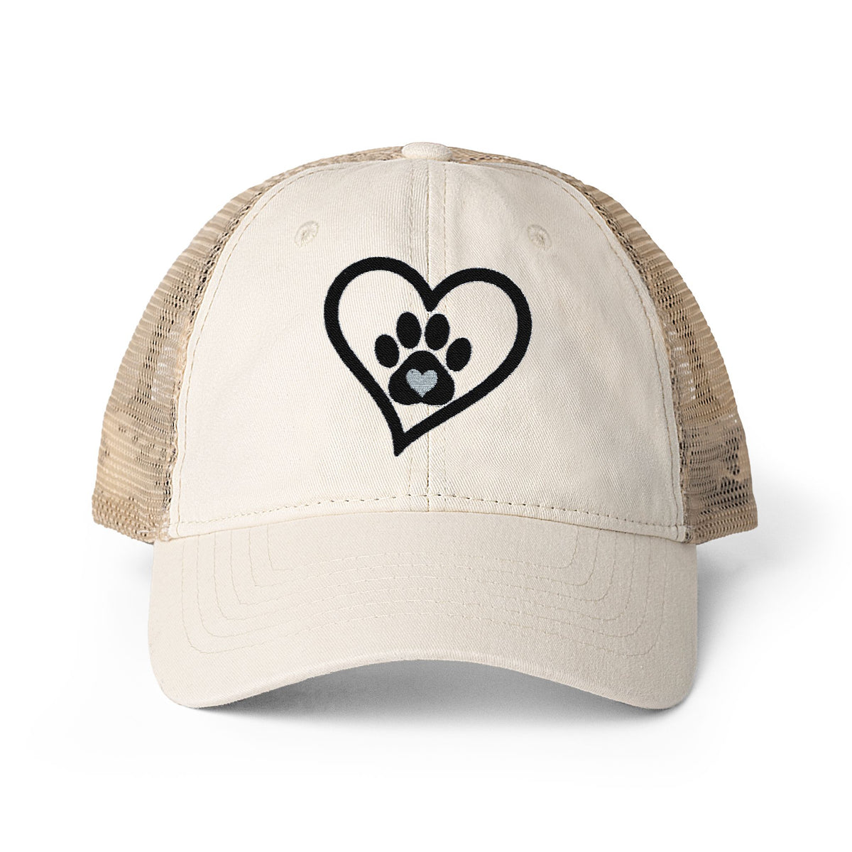 Heart Paw Print Embroidered Women's Washed Mesh-Back Cap