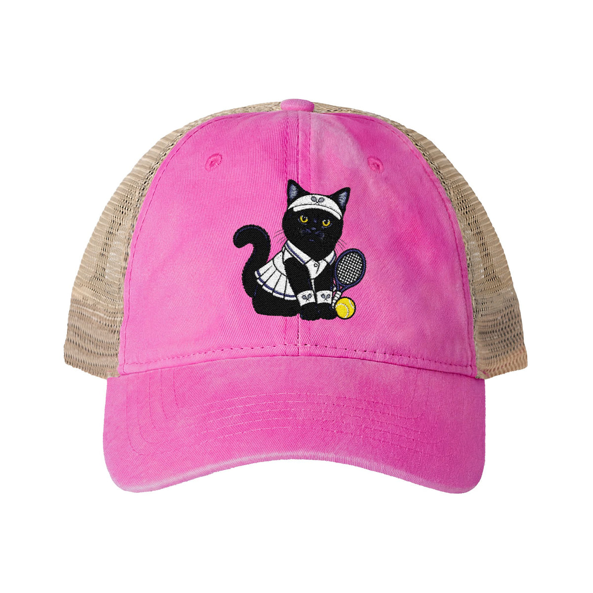 Black Cat Tennis Embroidered Women's Washed Mesh-Back Cap