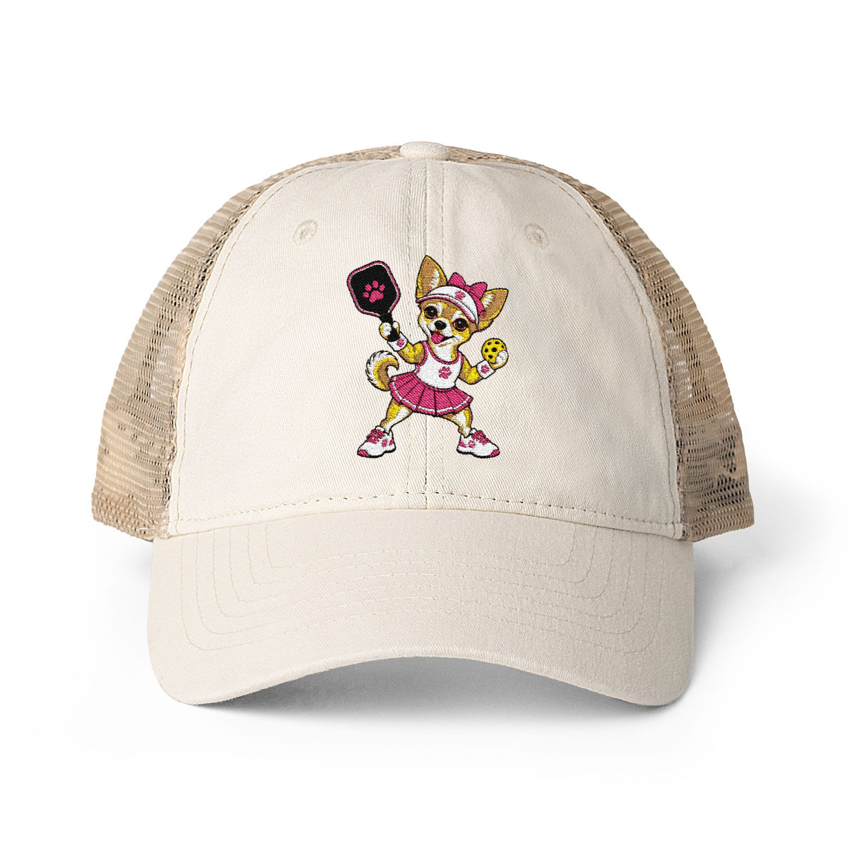Pickleball Chihuahua Embroidered Women's Washed Mesh-Back Cap
