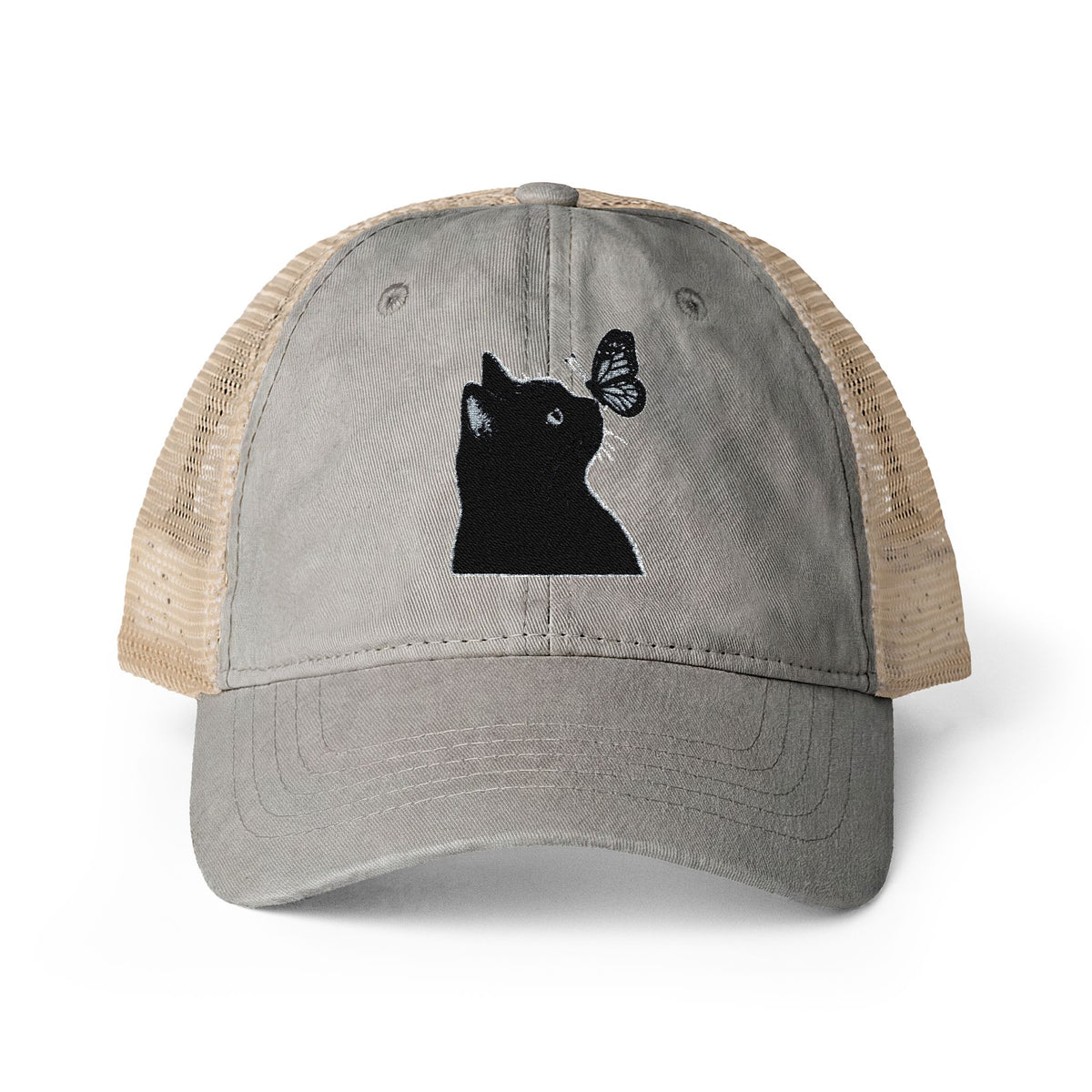 Black Cat embroidered Women's Washed Mesh-Back Cap