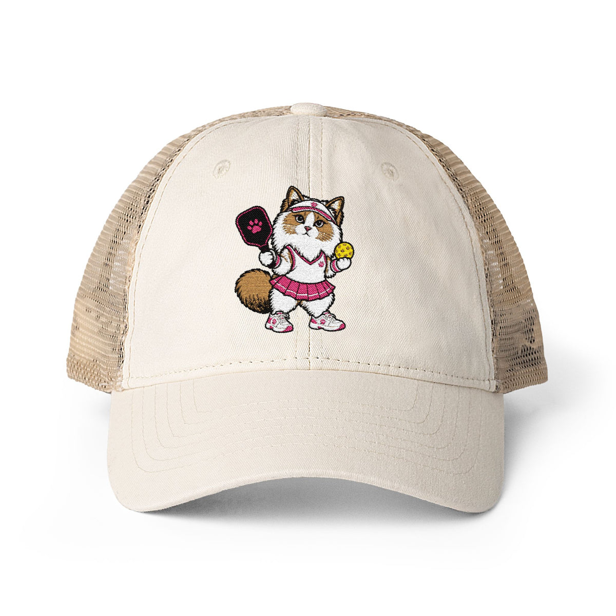 Pickleball Cat Embroidered Women's Washed Mesh-Back Cap