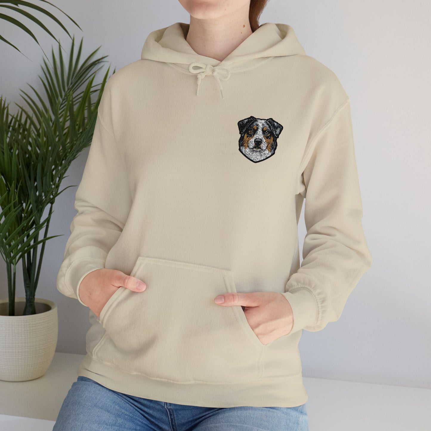 Australian Shepherd embroidered design on hooded sweatshirt