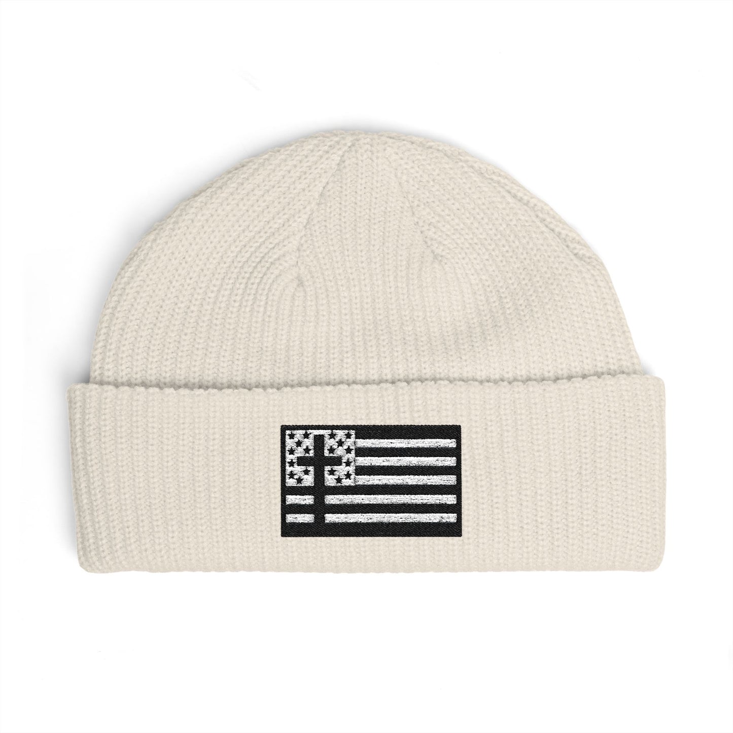 Cuffed Beanie with Black & White American Flag with Cross Patch — Patriotic Winter Knit Hat