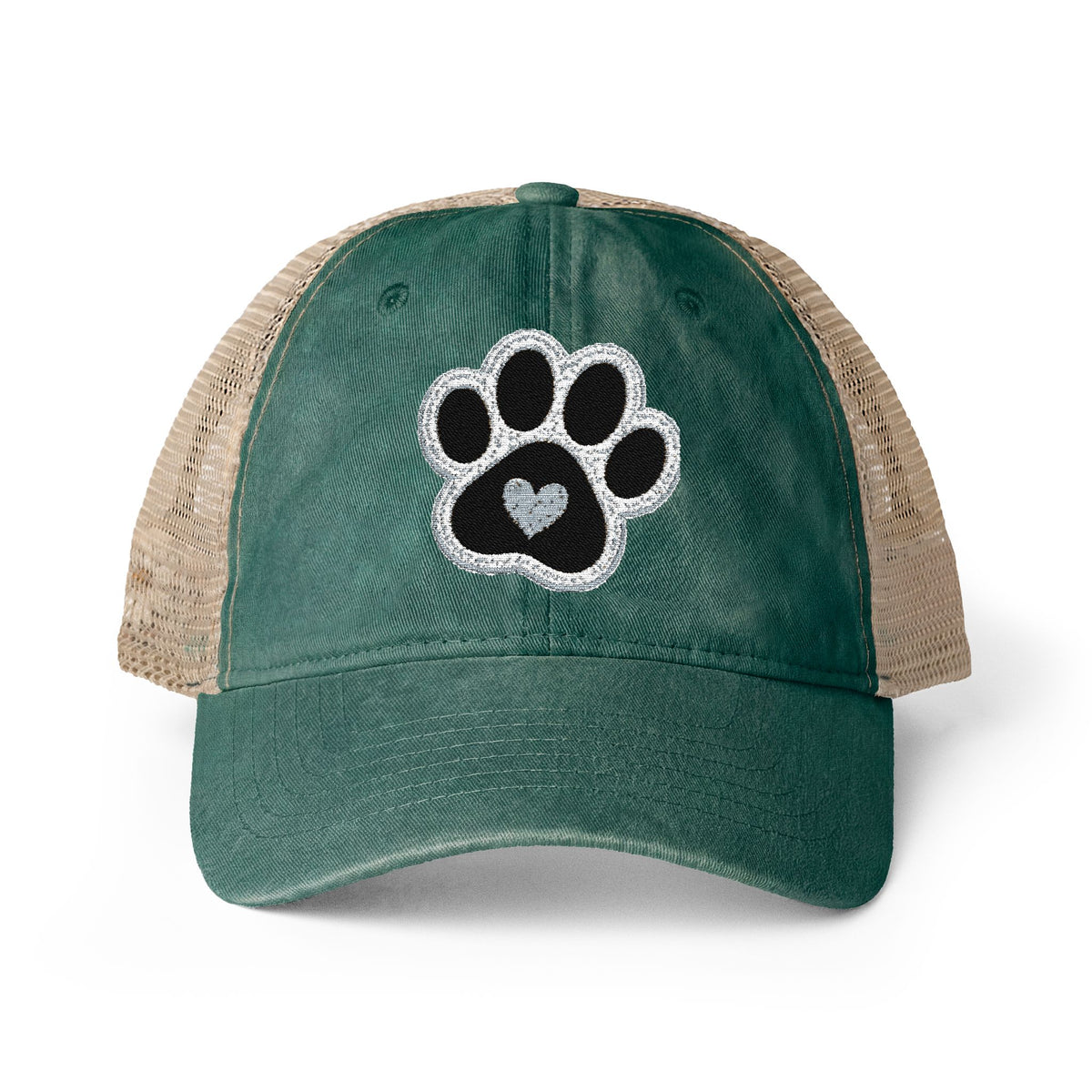 Paw print heart embroidered Women's Washed Mesh-Back Cap