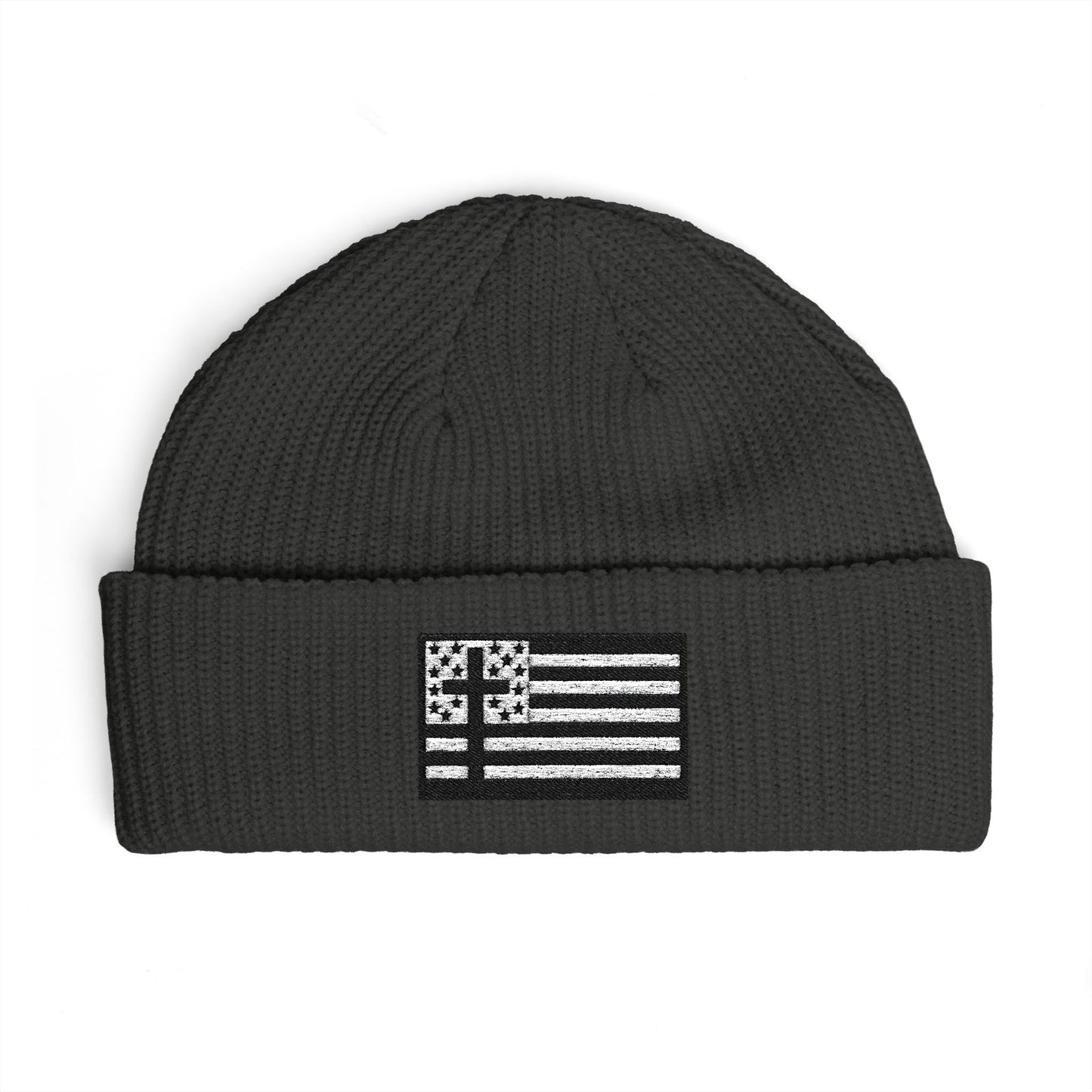 Cuffed Beanie with Black & White American Flag with Cross Patch — Patriotic Winter Knit Hat