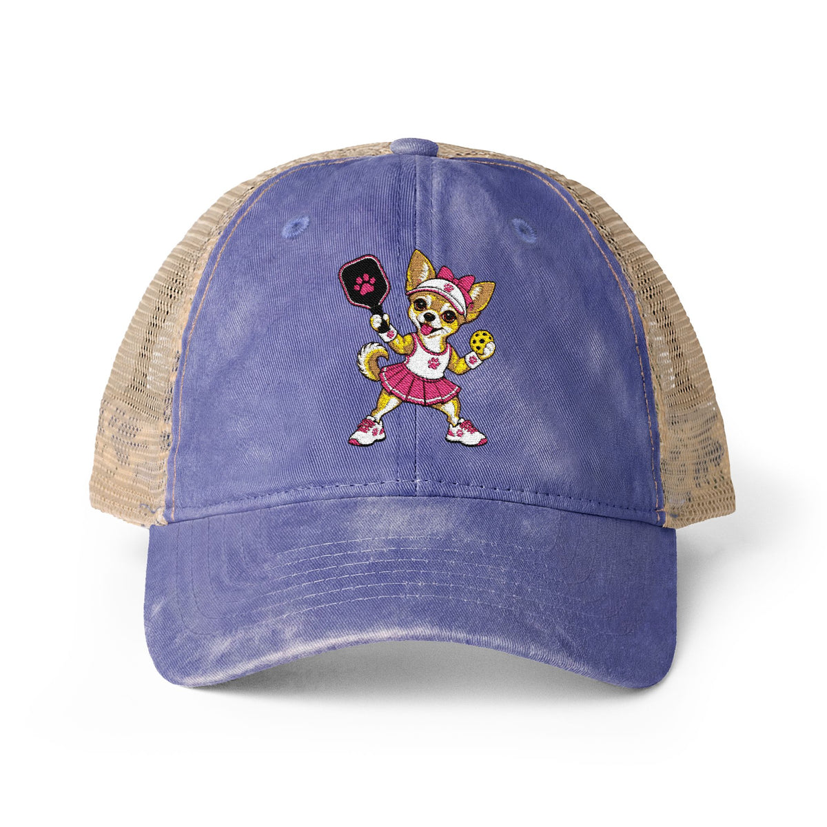 Pickleball Chihuahua Embroidered Women's Washed Mesh-Back Cap