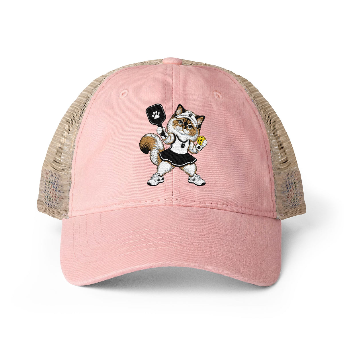 Pickleball Cat Embroidered Women's Washed Mesh-Back Cap