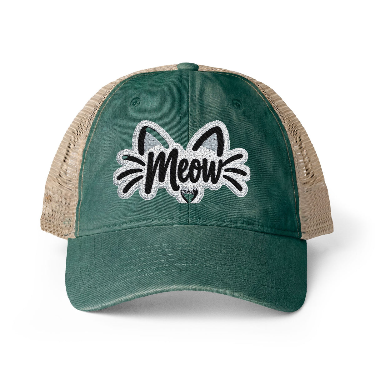Meow Cat Embroidered Women's Washed Mesh-Back Cap