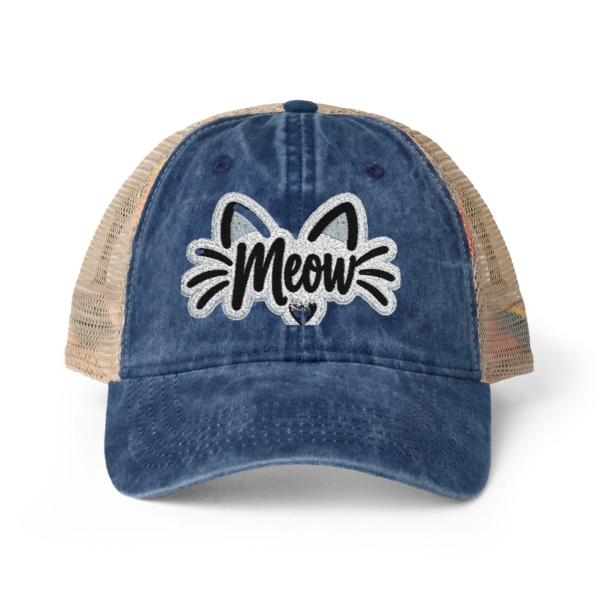 Meow Cat Embroidered Women's Washed Mesh-Back Cap