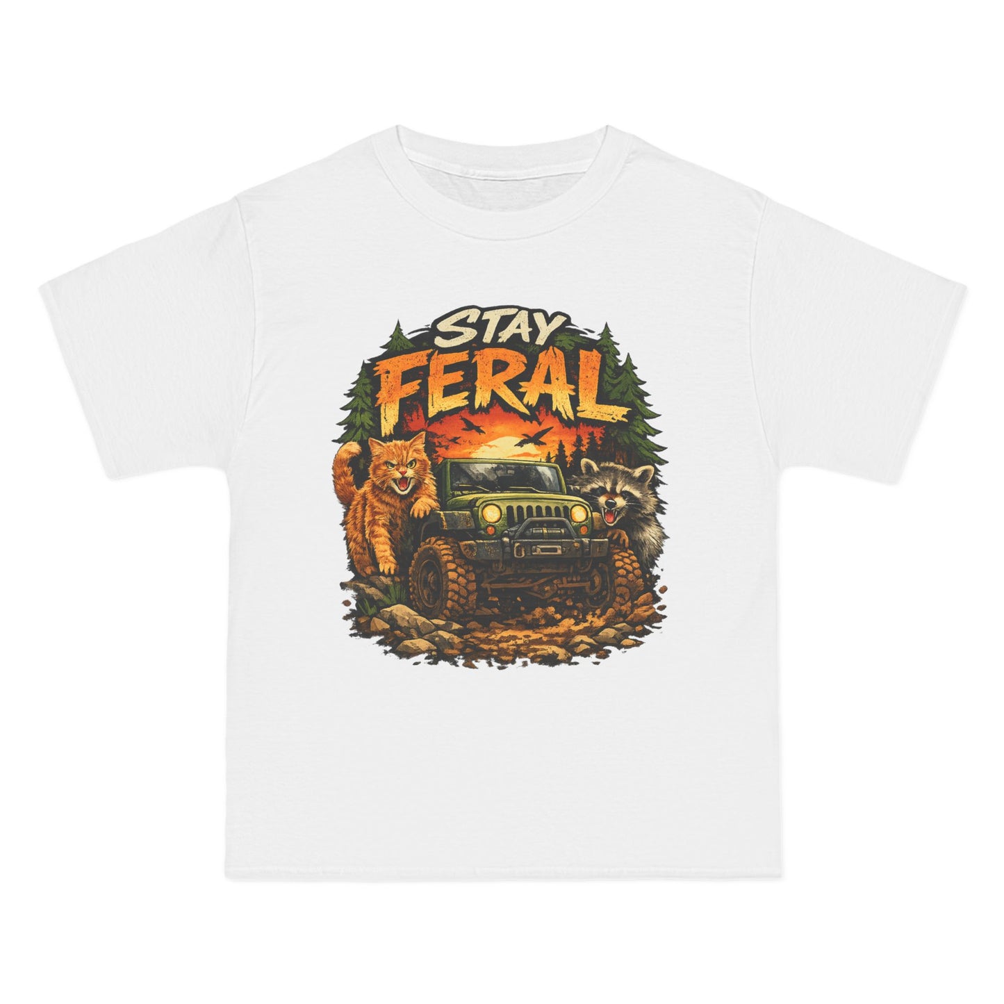 Stay Feral cat, raccoon and 4x4 T-Shirt | Outdoor Adventure Graphic Tee, humorous wildlife off-road tee