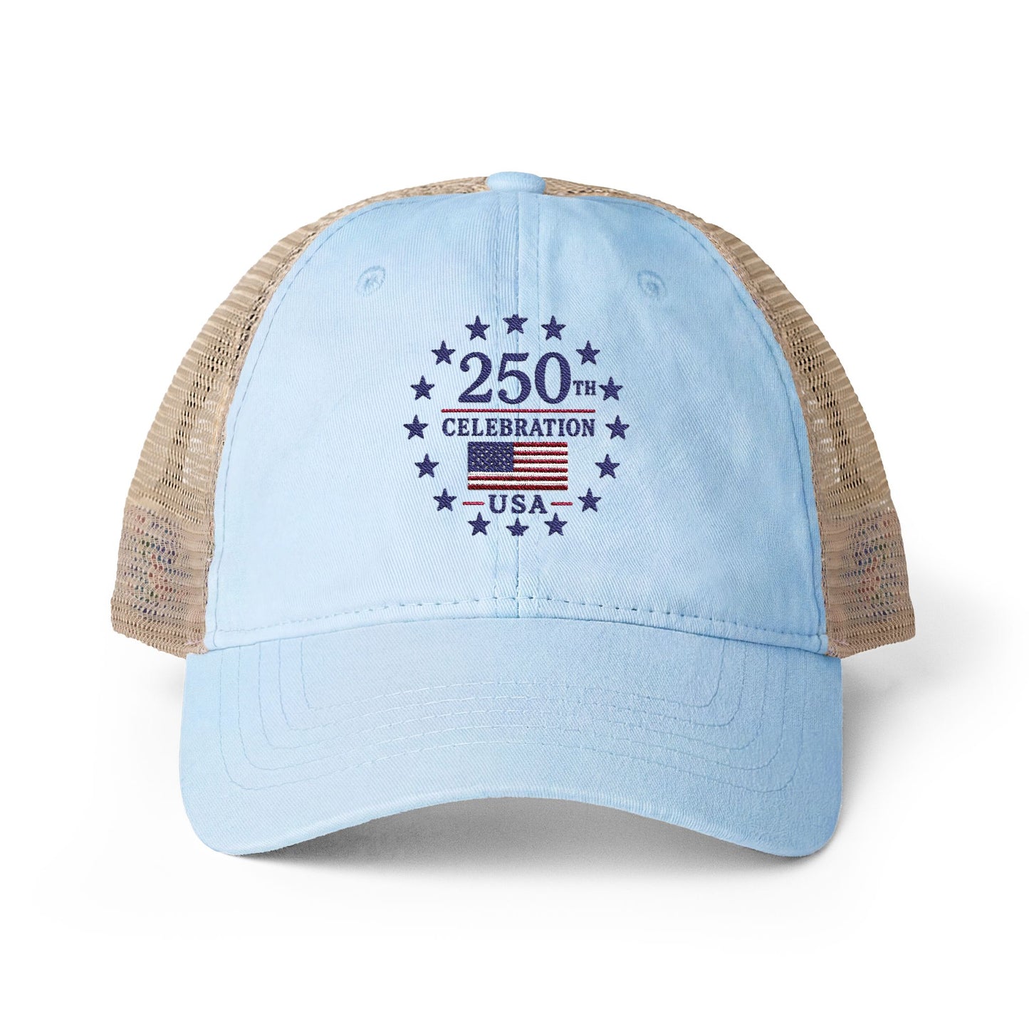 Women's Washed Mesh-Back Cap with print underneath bill embroidered USA 250th celebration various colors