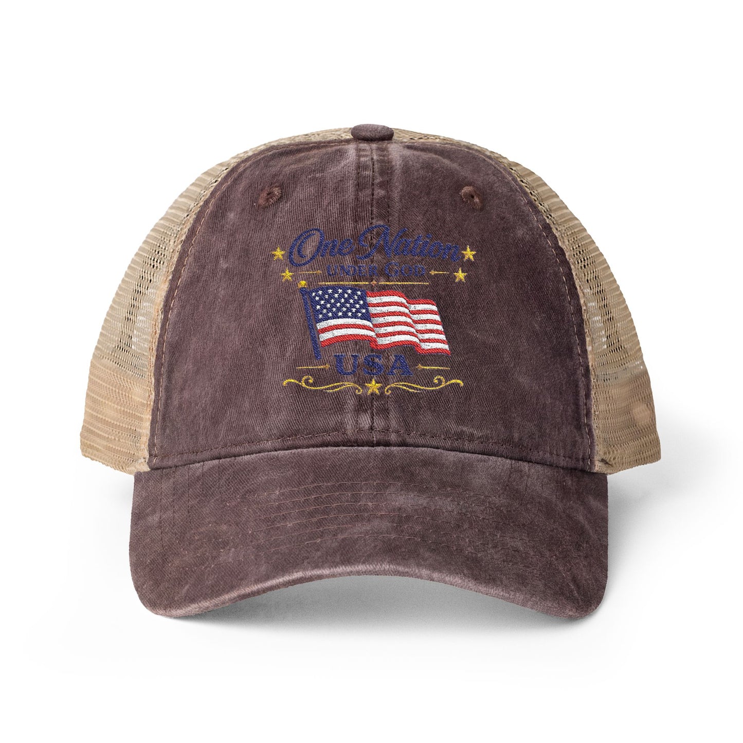 Women's Washed Mesh-Back Cap Embroidered "One Nation Under God" USA Flag - cool prints under bill of cap