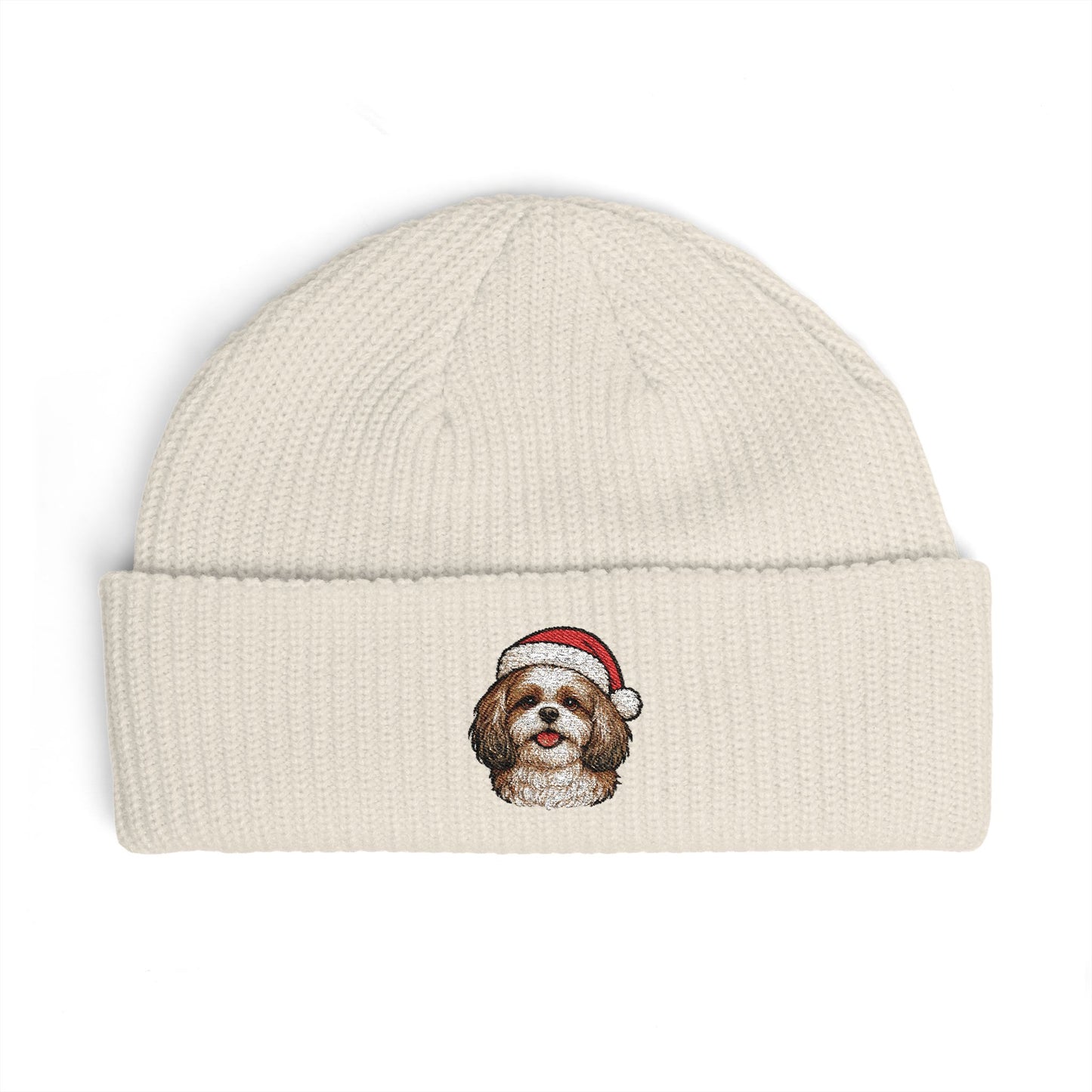 Cuffed Beanie — Embroidered ShihTzu Dog in Santa Hat Winter cap