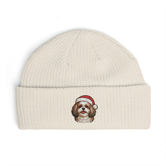 Cuffed Beanie — Embroidered ShihTzu Dog in Santa Hat Winter cap