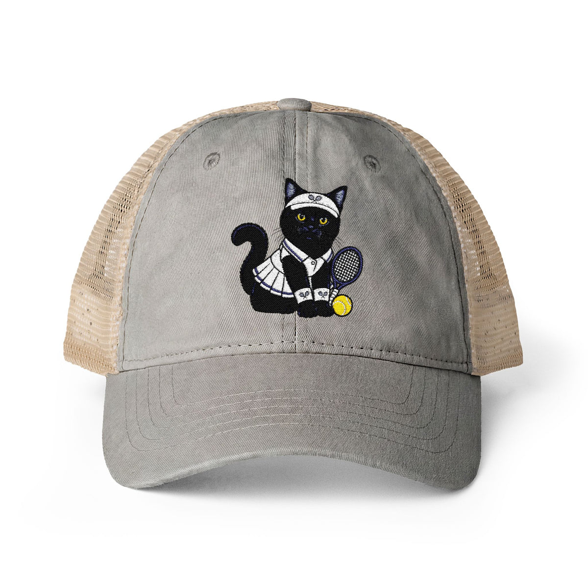 Black Cat Tennis Embroidered Women's Washed Mesh-Back Cap
