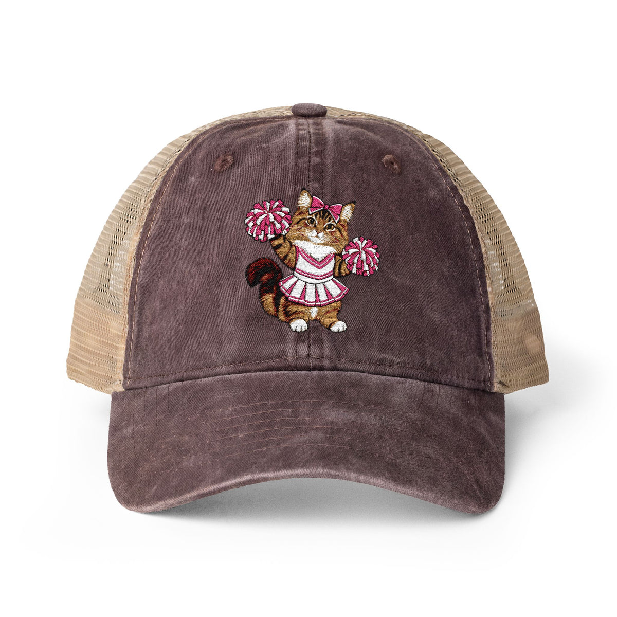 Cheerleader Cat Embroidered Women's Washed Mesh-Back Cap
